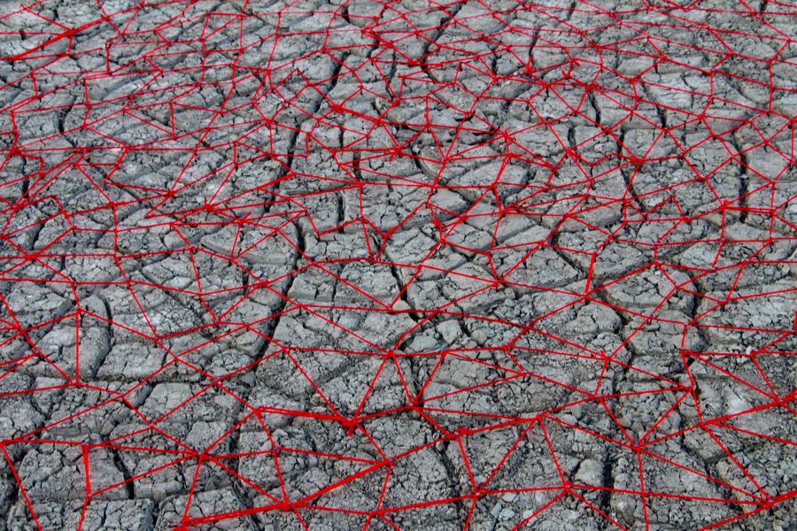 Come Together - I created a net with nails and red string to hold together the drought ridden cracked earth at Playa Summer Lake Oregon.